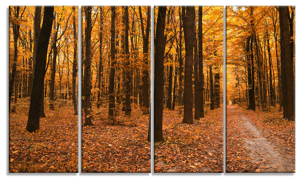 Yellow Trees and Fallen Leaves, Modern Forest Canvas Art, 48"x28", 4 Panels