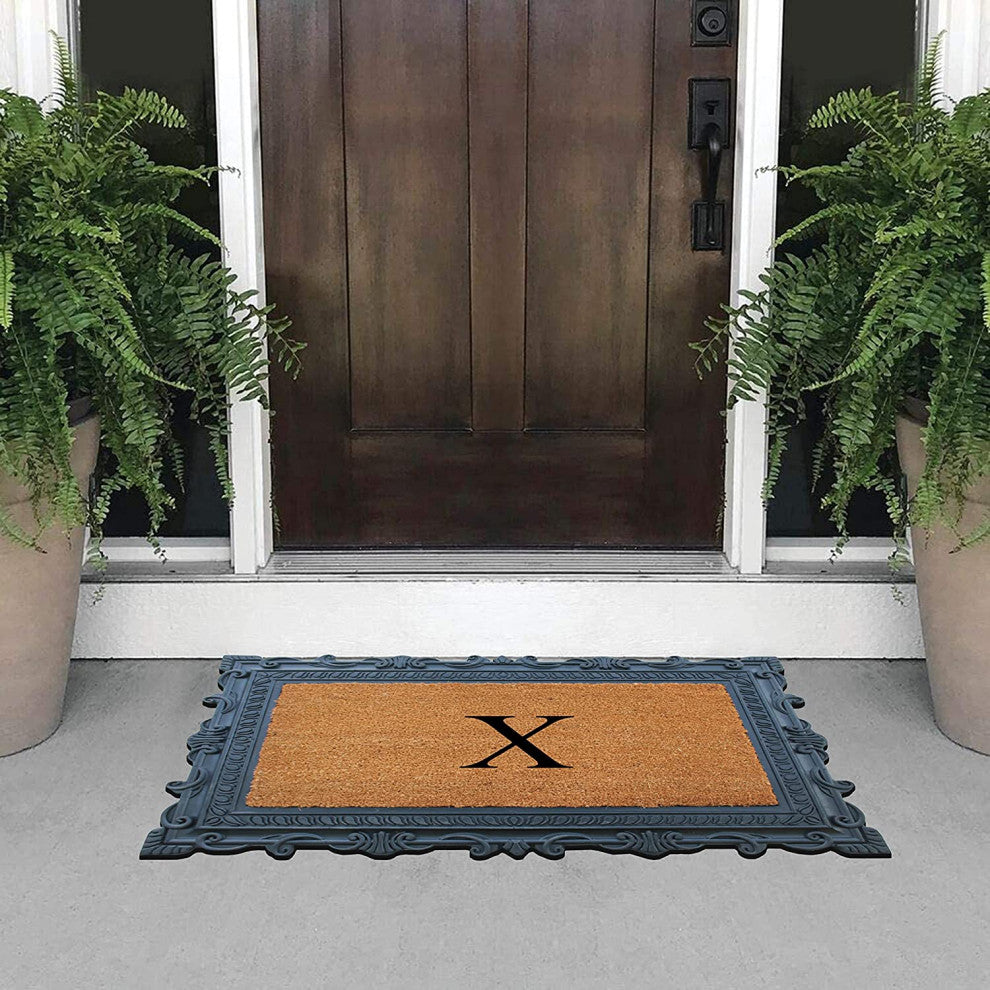 Carson Black/Beige Rubber And Coir 24"x36", Monogrammed Doormat, X