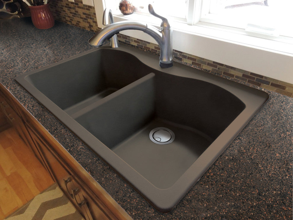Aversa 33"x22"x9.5" Granite Double Drop Kitchen Sink, 1 Faucet Hole, Espresso