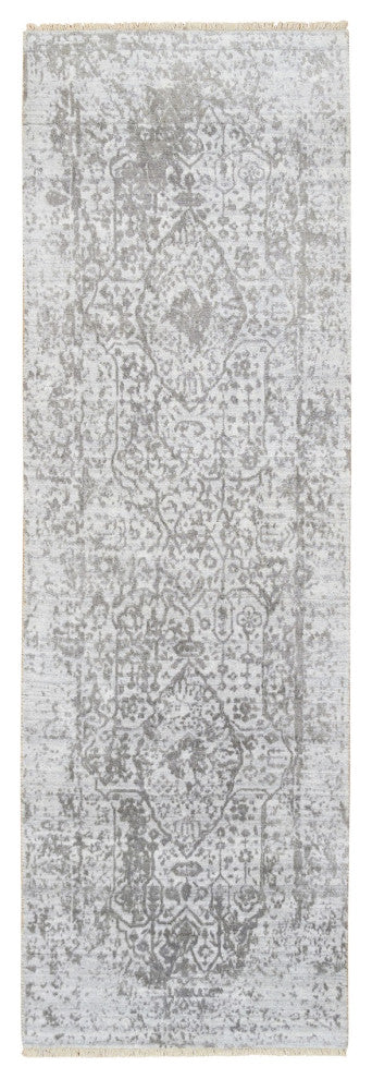 Gray Broken Persian Design Wool and Pure Silk Hand Knotted Runner Rug, 2'6"x8'
