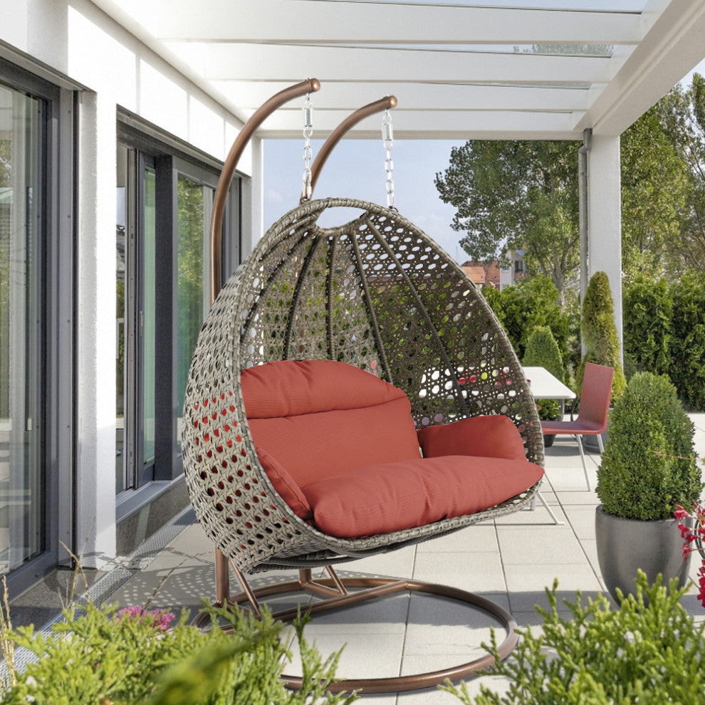 2 Person Beige Wicker Double Hanging Egg Swing Chair, Dark Orange