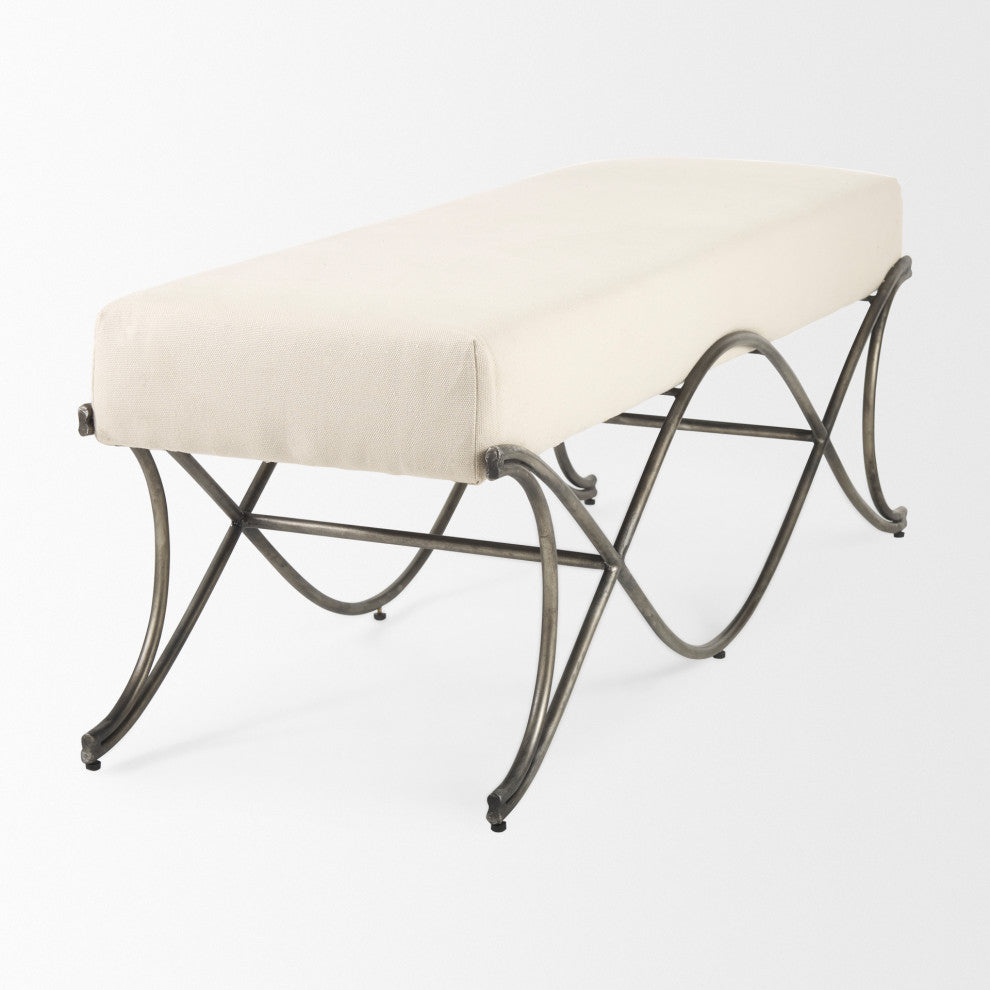 Ayla 55Lx17.6Wx18H Cream Fabric Seat With Antique Nickel Frame Bench