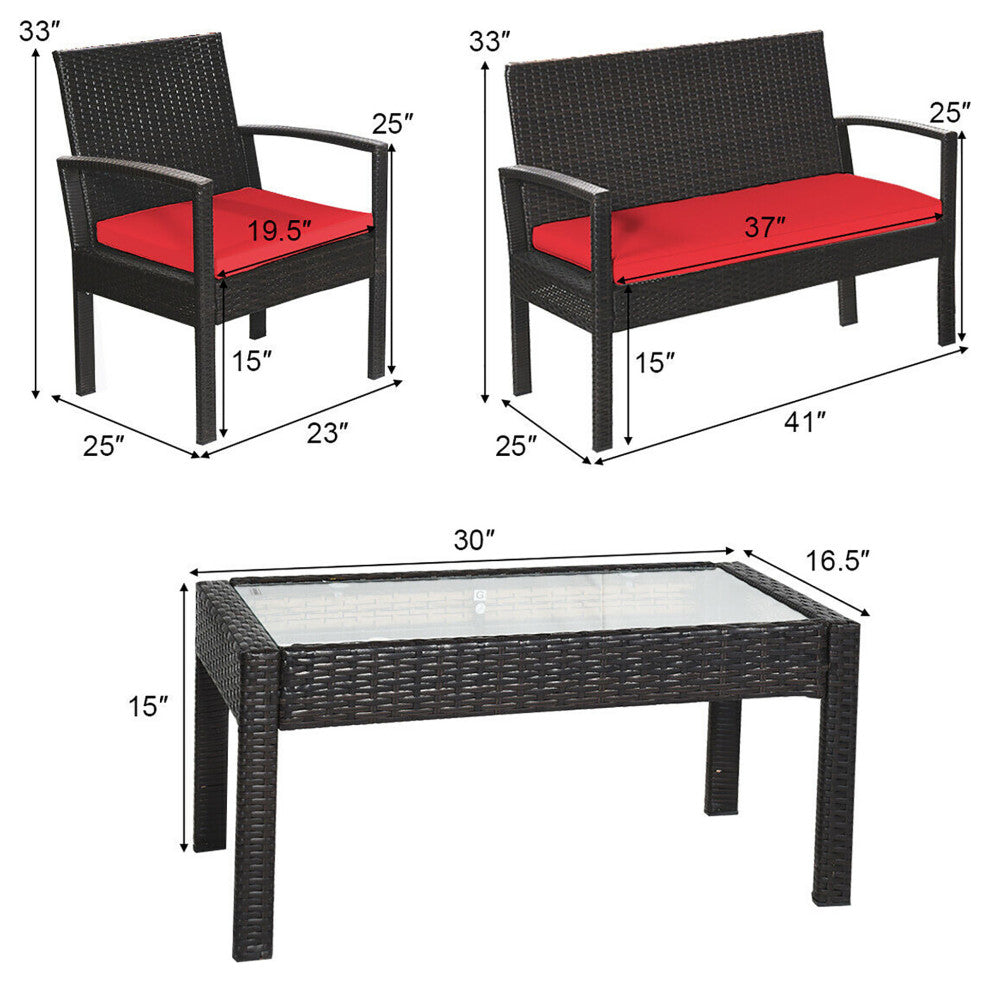 Costway 4PCS Patio Rattan Furniture Set Cushioned Loveseat Armrest Red