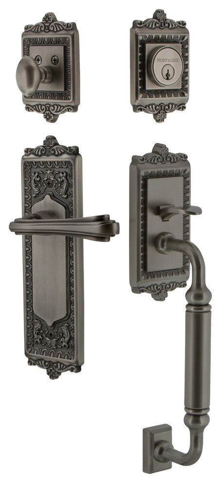 Egg & Dart Plate C Grip Entry Set Fleur Lever, Antique Pewter, 2-3/4", Right