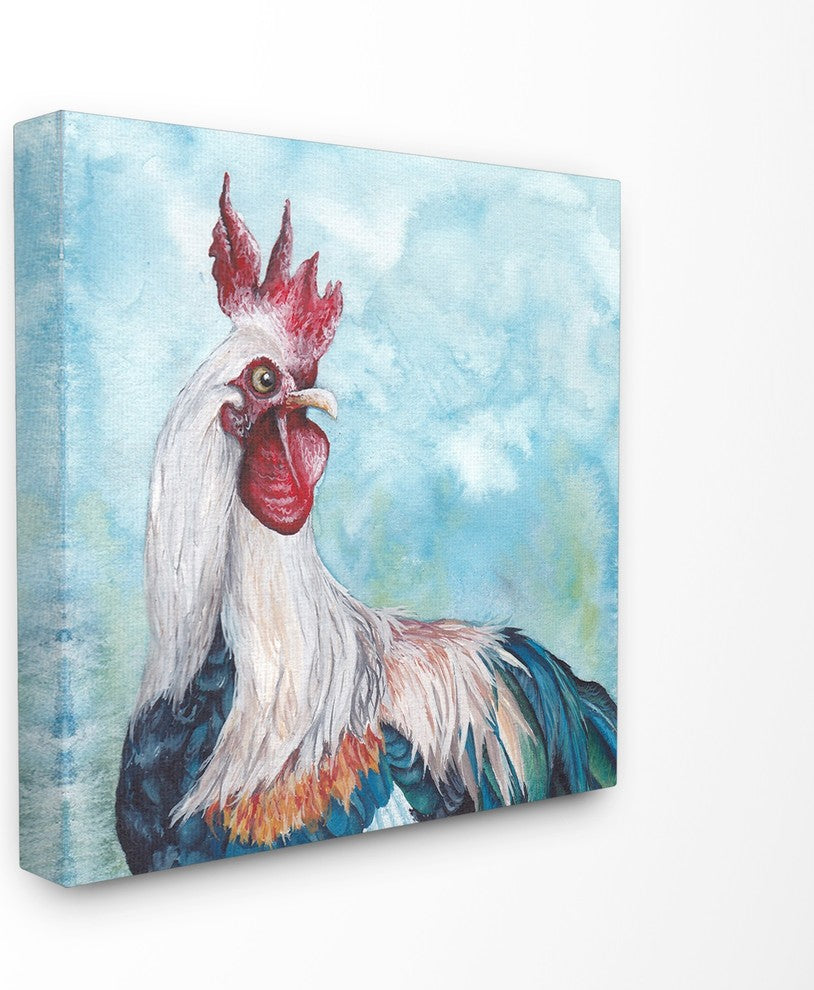 Light Blue Painted Rooster Portrait Oversized Stretched Canvas Wall Art, 24"x24"