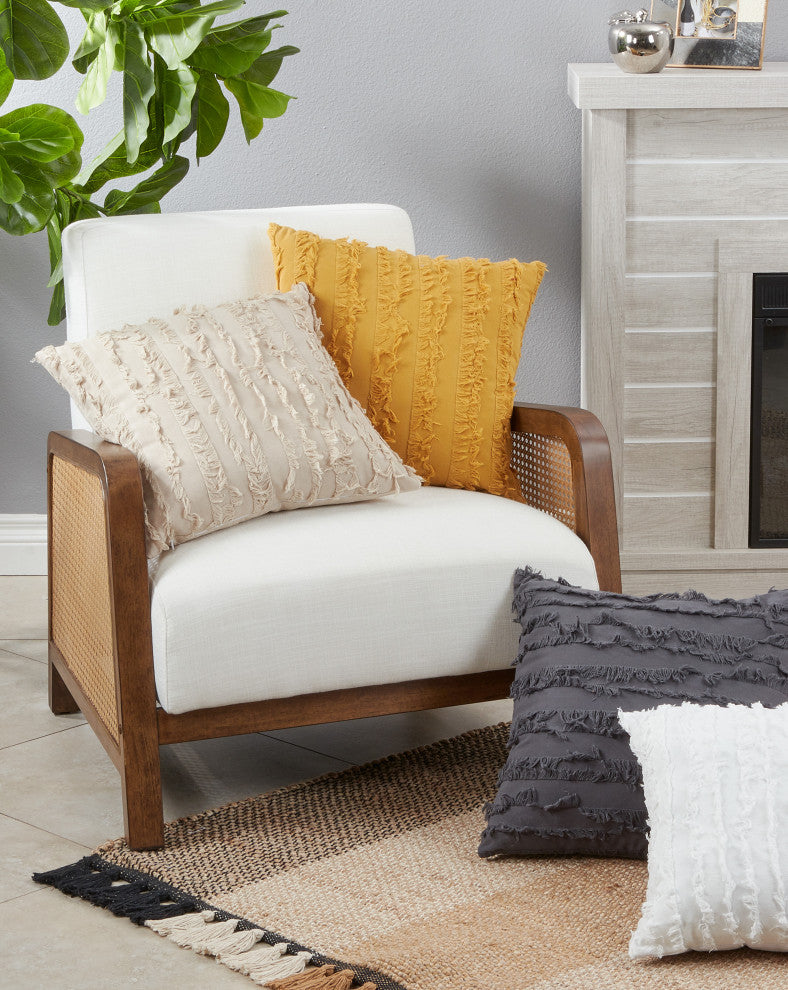 Throw Pillow With Fringe Stripe Design, Mustard, 18"x18", Poly Filled