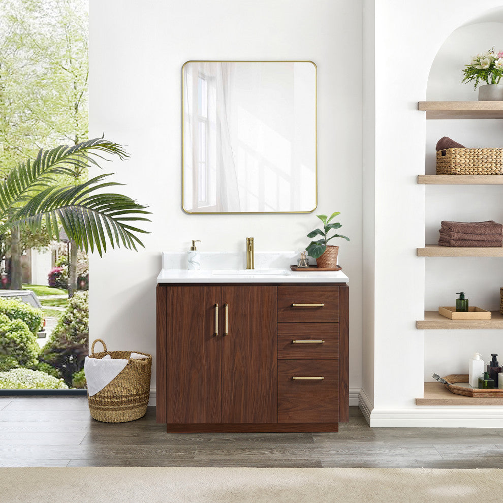 San Bath Vanity with Stone Top, Natural Walnut, 42", Single Vanity, No Mirror