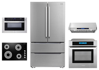 5PC, 36" ooktop 36" Range Hood 24" Wall Oven 17.3" Microwave & Refrigerator