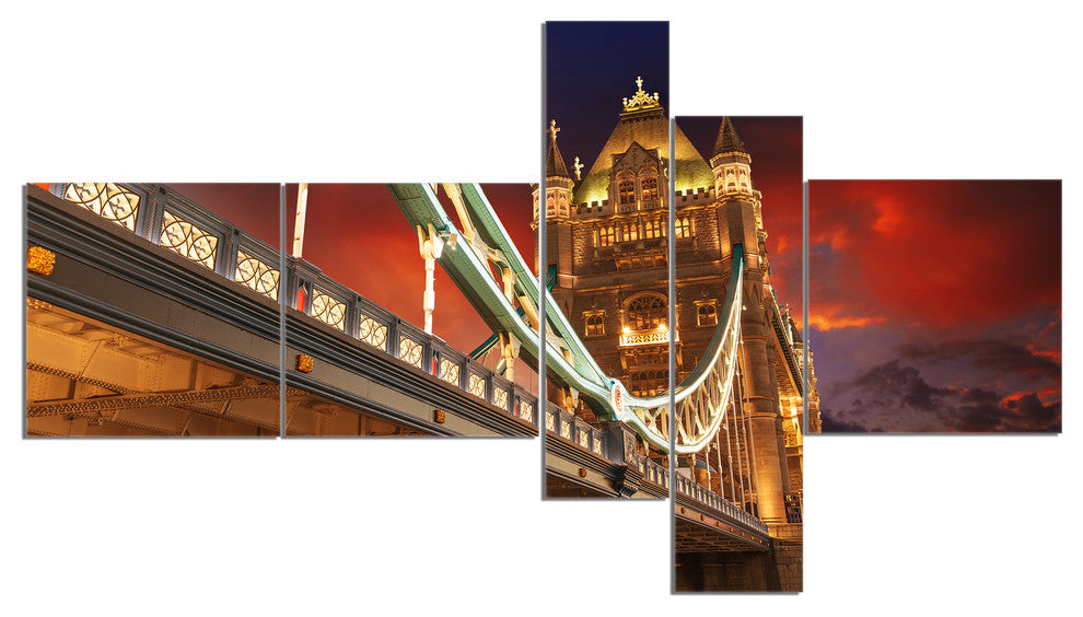 Famous Tower Bridge at Night, Modern Cityscape Canvas Print, 60"x32", 5 panels
