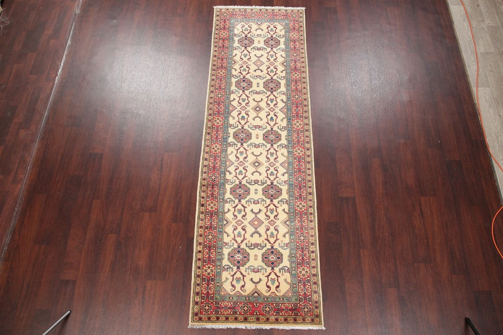 Traditional Kazak Oriental Hand-Knotted Pakistani Runner Rug, Beige, 9'5"X3'0"