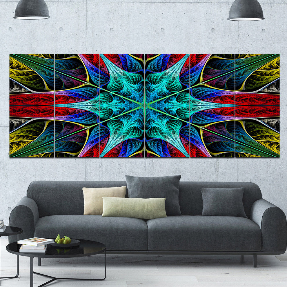 Glowing Fractal Flower Layers, Abstract Canvas Art Print, 70"x28", 6 Panels