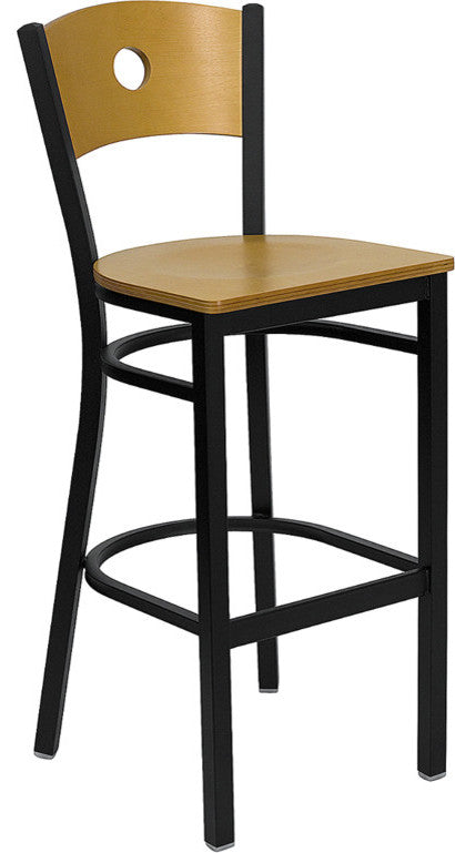 Black Circle Back Metal Barstool, Natural Wood Back and Seat