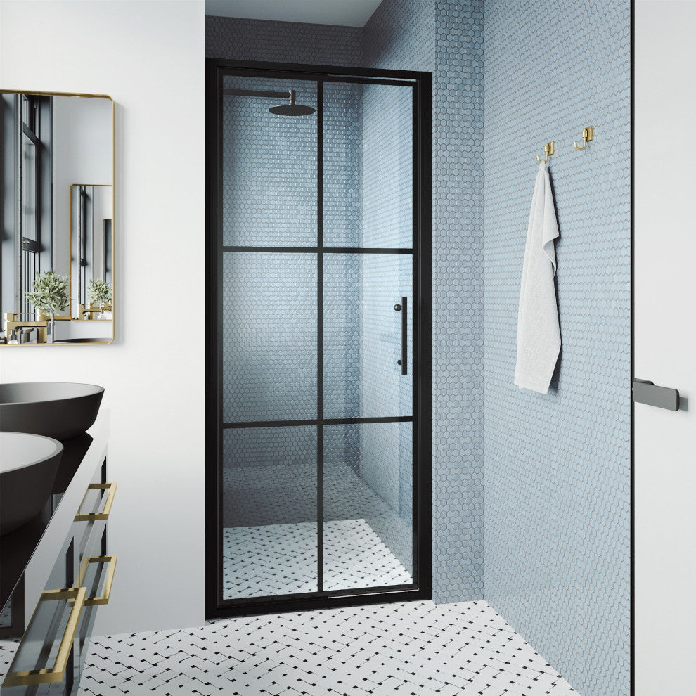 VIGO Astoria Framed Pivot Shower Door, Matte Black, 32" W X 76" H, Clear Glass