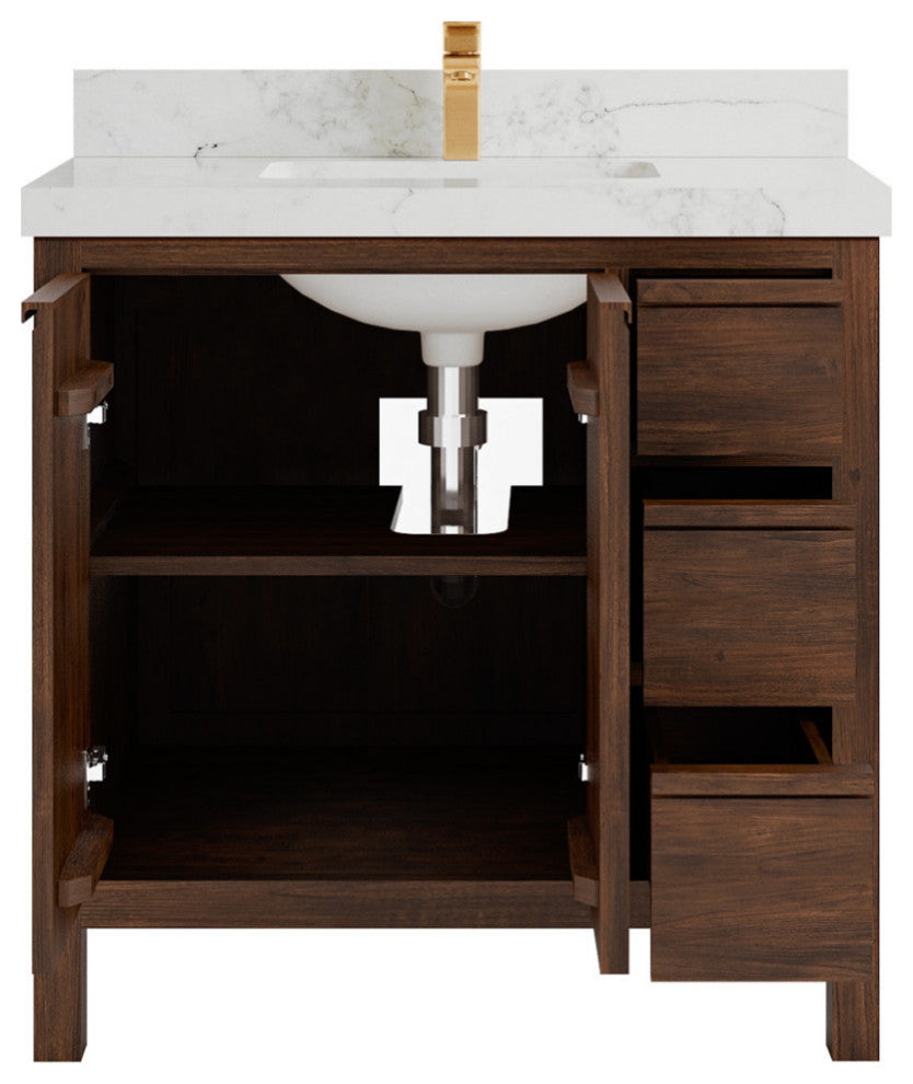 Elizabeth 36 Center Sink Bath Vanity in Dark Walnut Teak 2" Calacatta Nuvo