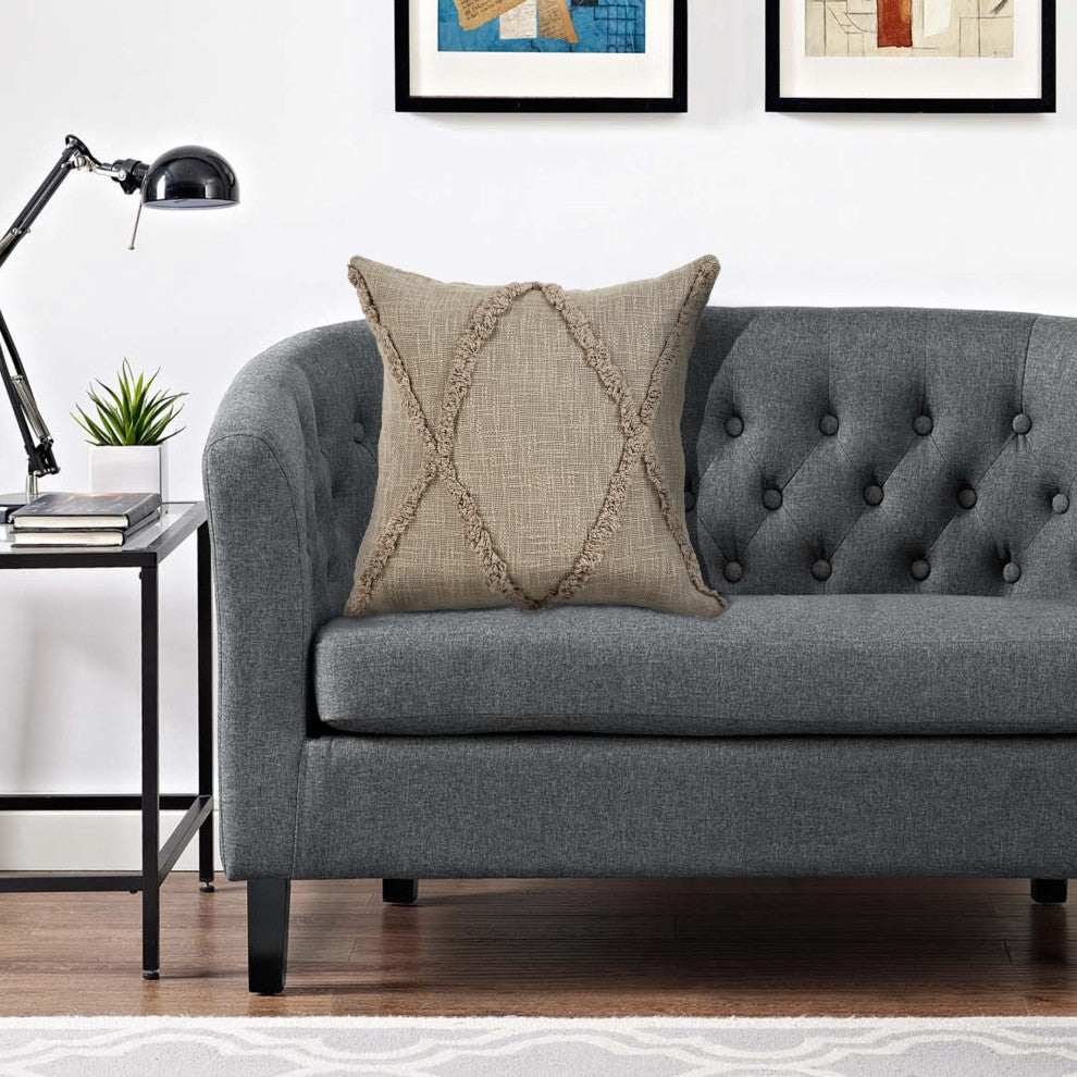 Boho Diamond Tufted Cotton Throw Pillow, Taupe, 20" X 20"