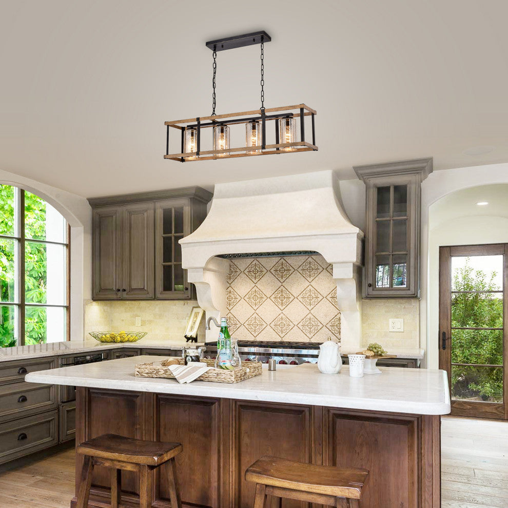 Olive Glass Linear Chandelier Faux Wood Grain and Antique Black