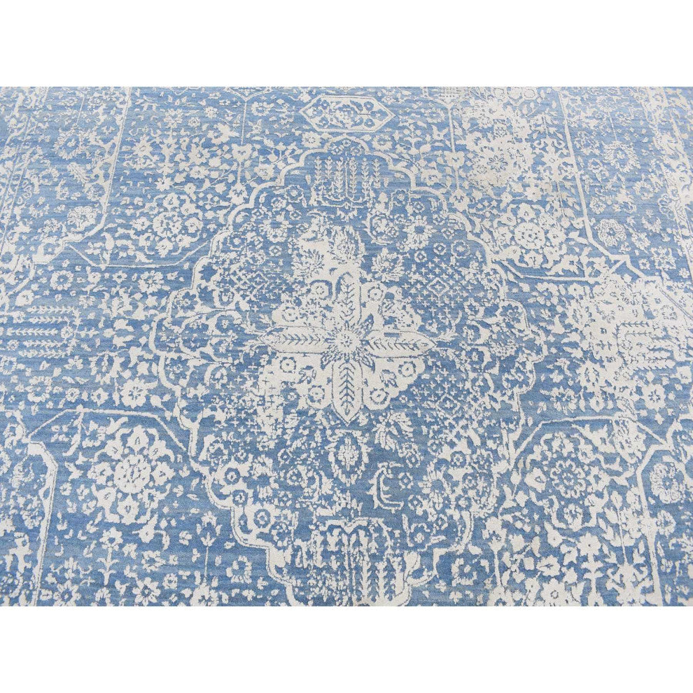 Steel Blue, Broken Persian Design, Wool and Silk, Hand Knotted Rug, 9'2"x12'1"