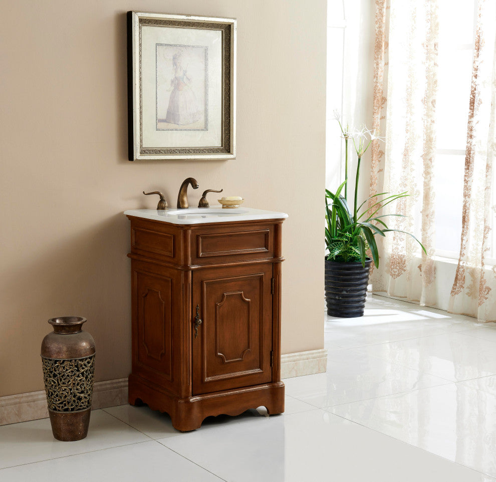21" Single Bathroom Vanity, Teak, White and Brown Vein Marble Top