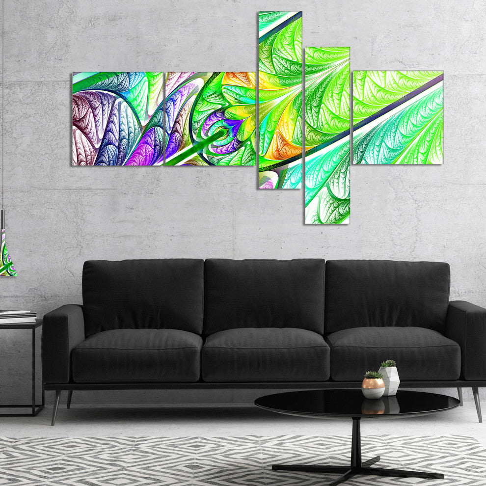 Green Blue Fractal Stained Glass, Abstract Wall Art Canvas, 60"x32", 5 panels