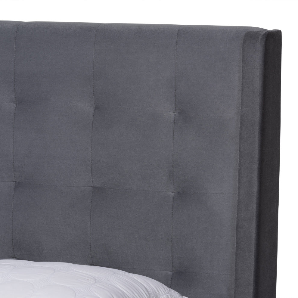 Violeta Modern Velvet Upholstered Platform Bed, Gray/Dark Brown, Queen