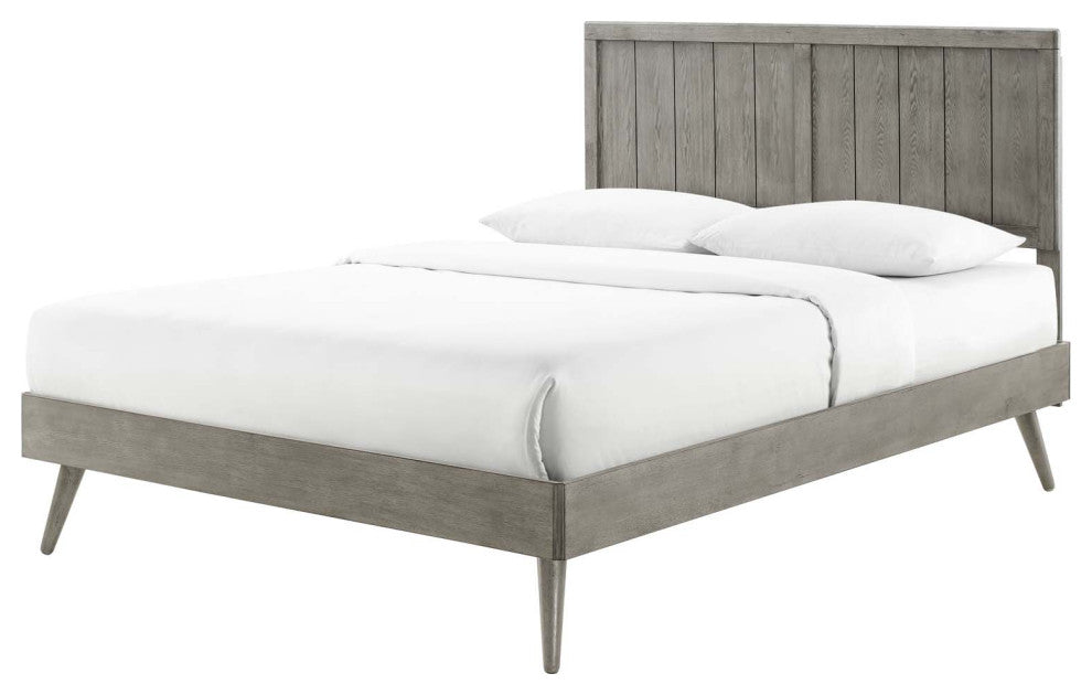 Platform Bed Frame, King Size, Wood, Gray, Modern Mid-Century, Bedroom
