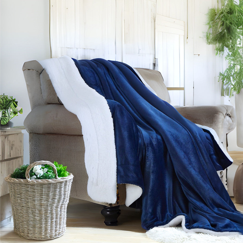 Tache Dark Navy Blue Sherpa Fleece Throw Blanket, 50"x60"