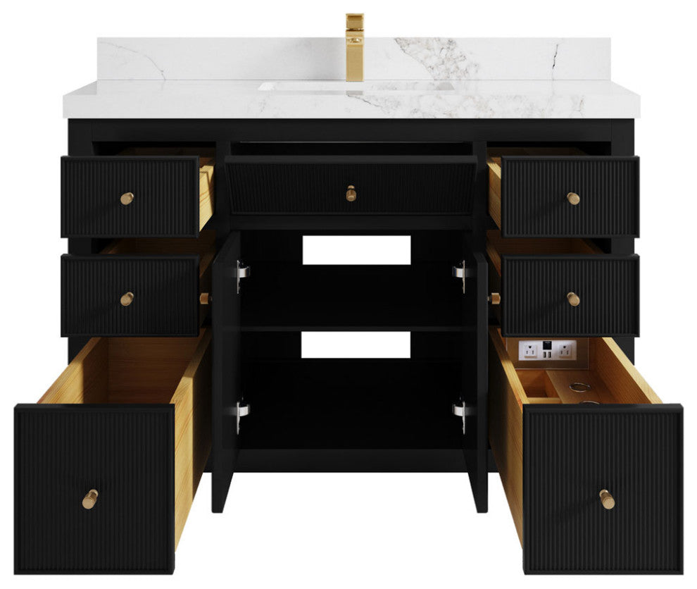 Sonoma 48 Single Sink Reeded Bath Vanity in Black 2" Calacatta Nuvo