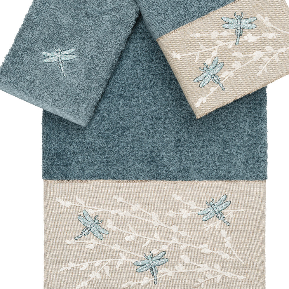Linum Home Textiles Turkish Cotton Braelyn 3-Piece Embellished Towel Set, Teal