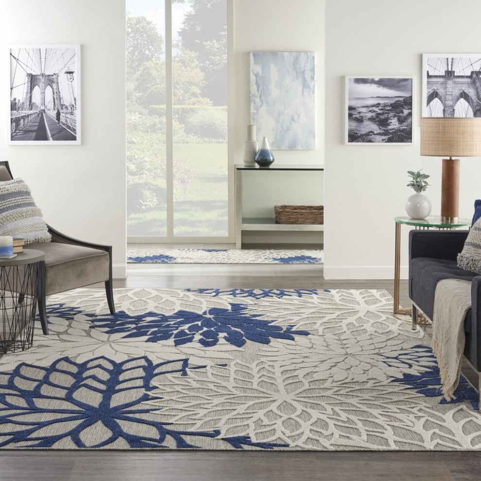 8 x 11 Ivory and Navy Indoor Outdoor Area Rug
