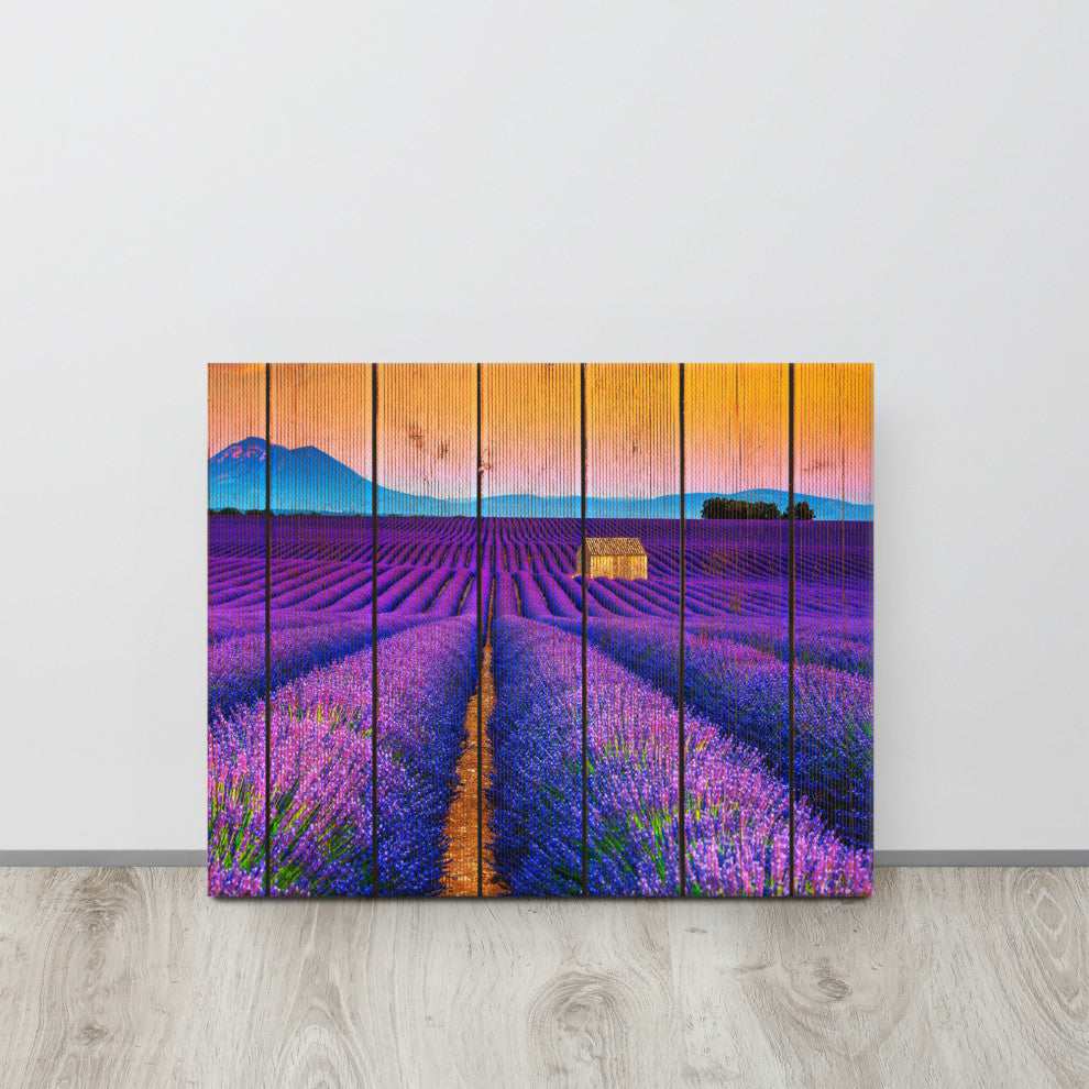 Faux Wood Lavender Fields and Sunset Landscape Canvas Prints, 16" X 20"