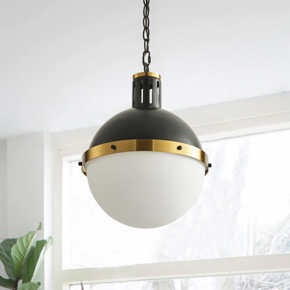 13-Inch Matte Black Globe Pendant Light with Half Opal Glass Shade