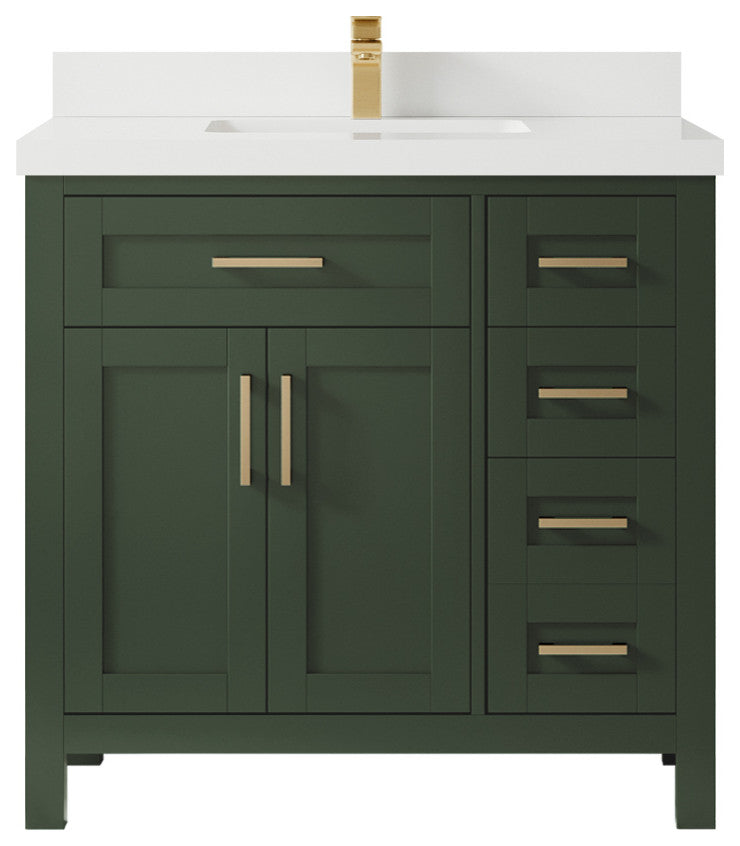 Cambridge 36 Center Sink Bath Vanity in Pewter Green 2" White Quartz