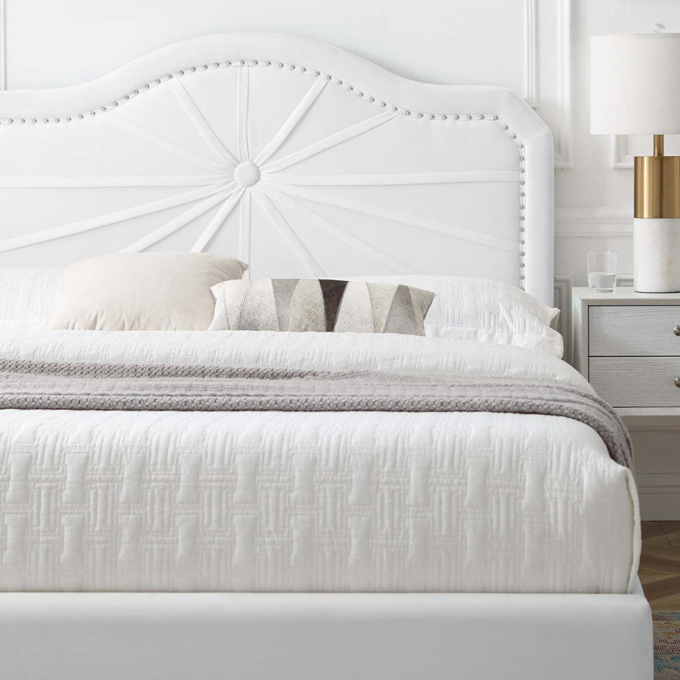 Platform Bed Frame, Full Size, Velvet, White, Modern Contemporary, Bedroom