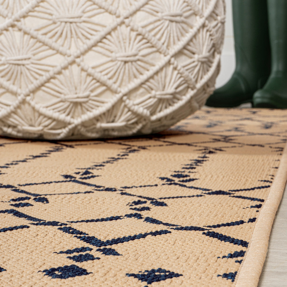 Ourika Moroccan Geometric Indoor/Outdoor Rug, Beige/Navy, 2x10