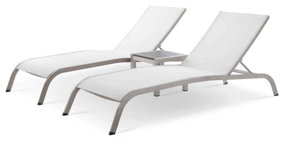 Lounge Chair Chaise Table Set, Aluminum, Metal, White, Modern, Outdoor Patio