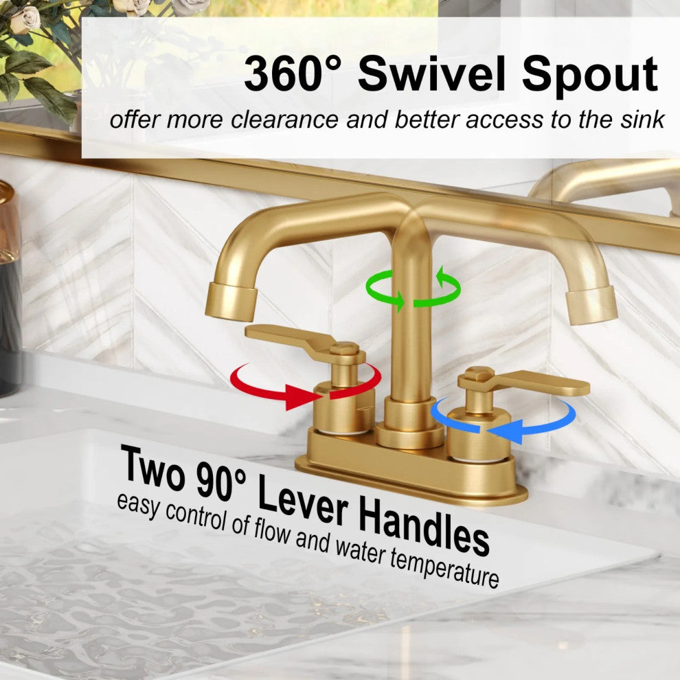 Bathroom Sink Faucets 2 Handle Centerset Faucets for 3 Hole Drain Brushed Gold