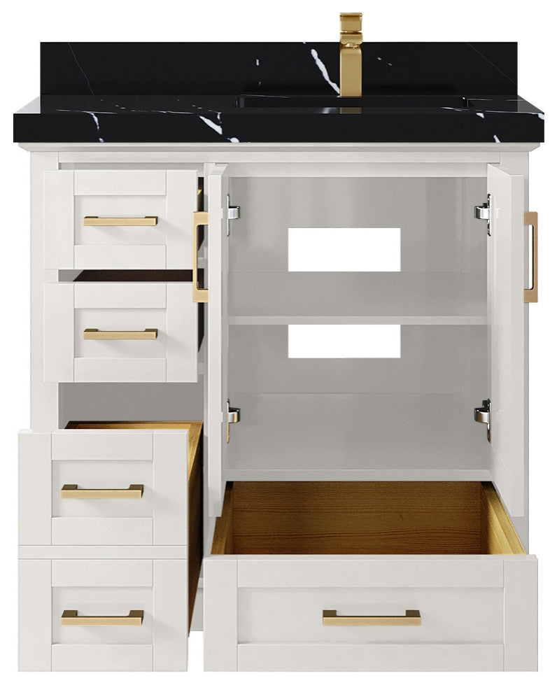 Boston 36" Right Offset Bath Vanity in Alabaster 2" Calacatta Black