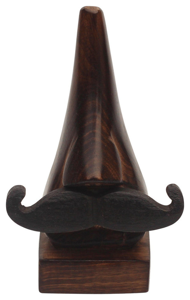 Hand Carved Wooden Nose Shaped Spectacle Holder With Mustache, Brown