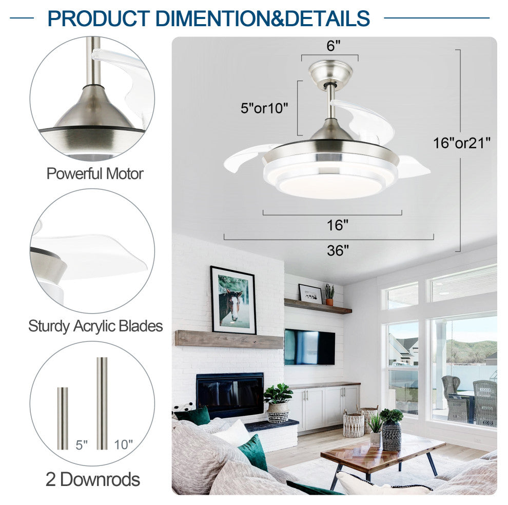36" Modern Retractable Ceiling Fan With Light Kit, Remote Control, Chrome