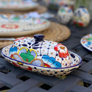 Encantada Handmade Butter Dish, Dots & Flowers