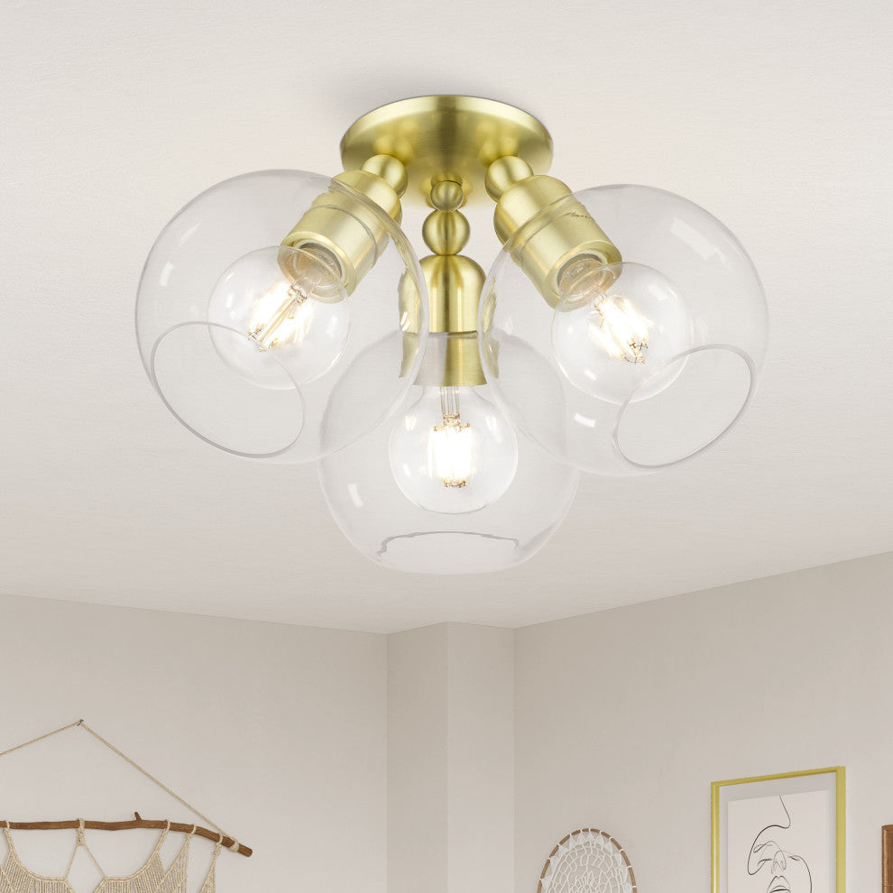 Downtown 3 Light Satin Brass Sphere Semi-Flush