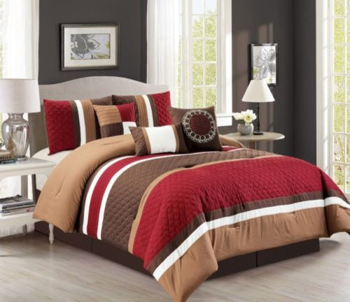 7p Pinsonic Quilted Trellis Striped Pleated Comforter Set, Burgundy, California