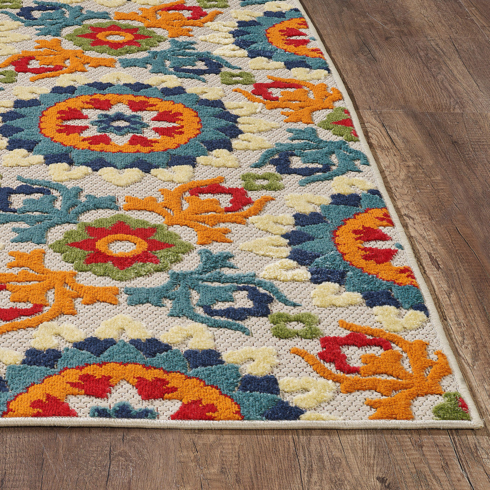 7"x9" Orange Floral Lattice Indoor Outdoor Area Rug