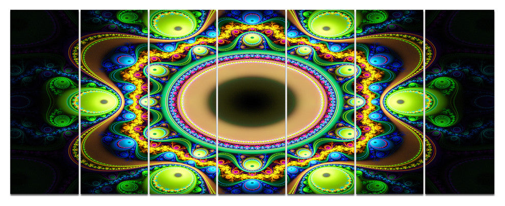 Green Fractal Pattern with Circles, Abstract Canvas Art Print, 83"x32", 7 Panels