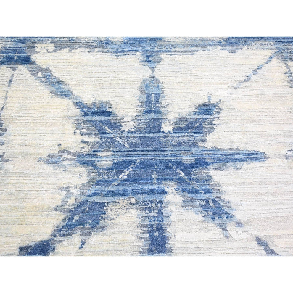 Blue and White Modern Hand Knotted Pure Silk and Textured Wool Rug, 6'1" x 9'1"
