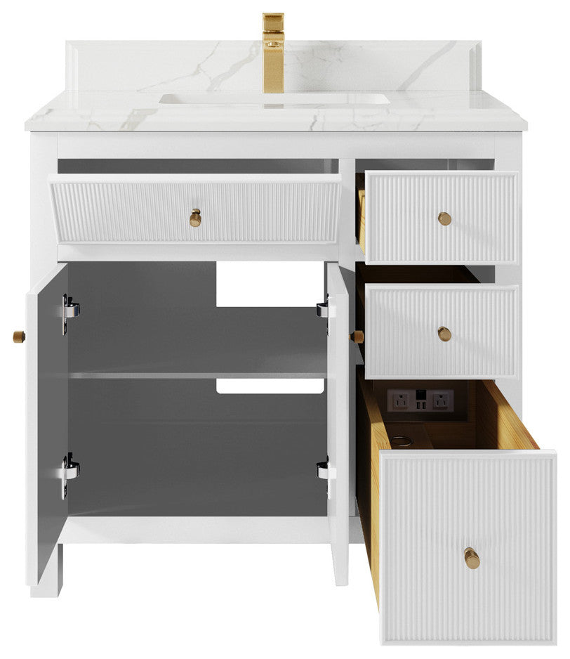 Sonoma 36 Center Sink Reeded Bath Vanity in White 1.5" Calacatta Laza