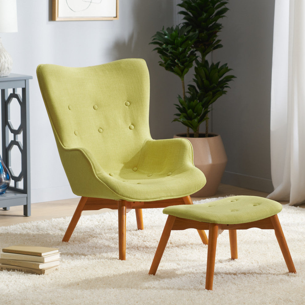 Hariata Mid-Century Modern Wingback Chair and Ottoman Set, Muted Green