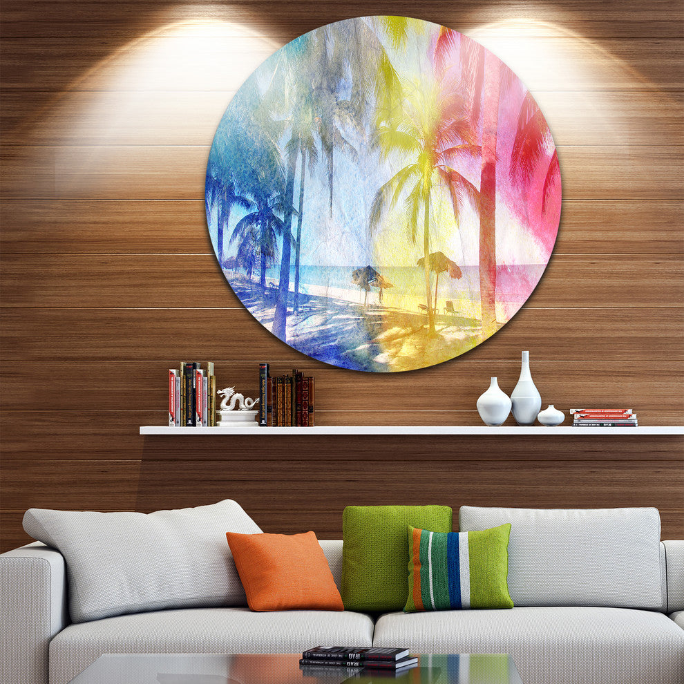 Blue Retro Palm Trees, Landscape Painting Disc Metal Artwork, 36"