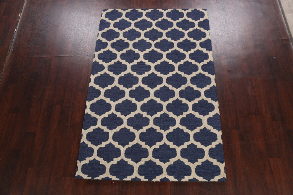 Navy Blue Trellis Contemporary Oriental Area Rug Hand-tufted Wool Carpet 5x8