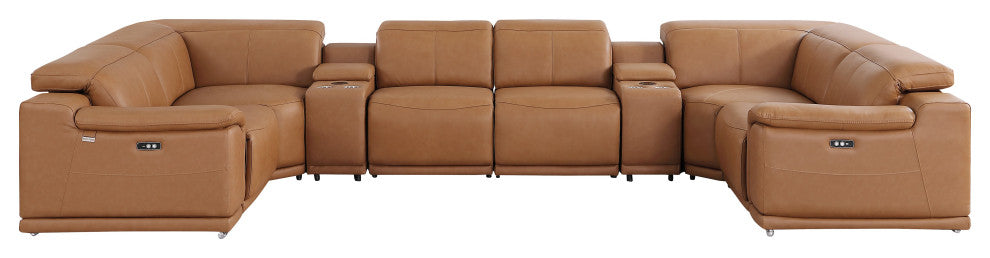 Federico 8-Piece Top Grain Italian Leather U Sectional-4 Power Recliners, Cognac